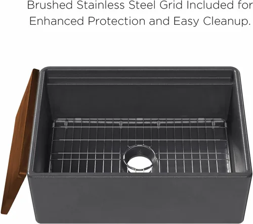 Vista 3 de Whitehaus Reversible Single Bowl Fireclay Sink Set with Smooth Front Apron, Walnut Wood Cutting Board and Stainless Steel Grid (Dark Gray, 27" x 19")
