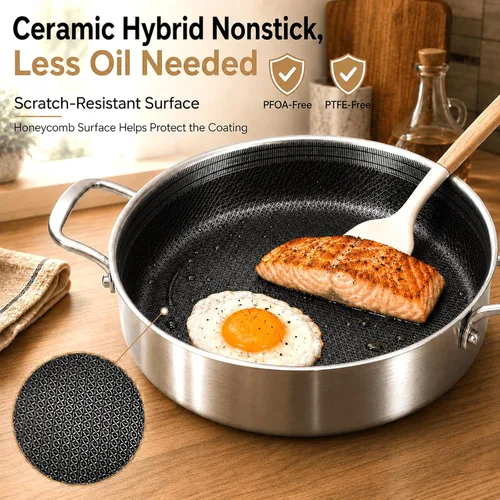 Vista 5 de DELARLO Sartén de tres capas de acero inoxidable de 10 pulgadas Sartén de freír profunda de 3QT con tapa Sartén de saltear con tapa Compatible