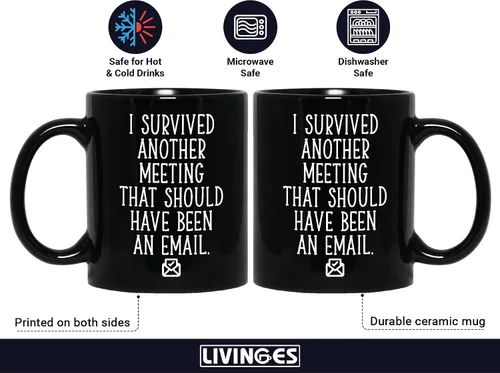 Vista 2 de Taza de café divertida con texto en inglés "I Survived Another Meeting That Should Have Been An Email Gift For Boss Office" "I Survived Another