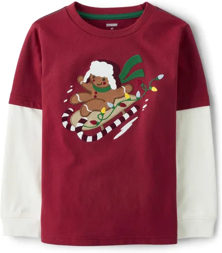 Vista 4 de Gymboree - Camisetas de manga larga con gráficos bordados en capas para niños y niños pequeños Oso de nieve azul