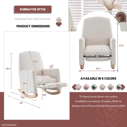 Vista 2 de Mecedora moderna para guardería, cómoda silla de guardería con reposapiés, mecedora tapizada con bolsillo, sillón de lectura con base de madera