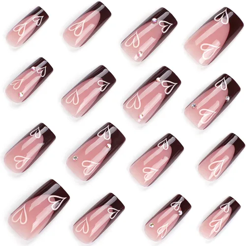 Vista 2 de 24 unidades de uñas postizas largas estilo ataúd CEWEWP con punta francesa marrón, uñas falsas rosas con pegamento, uñas falsas con diseños