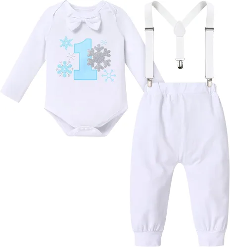 Vista 2 de IBTOM CASTLE Traje de invierno para bebé niño con copos de nieve para primer cumpleaños, mameluco con estampado de pastel y pantalones largos