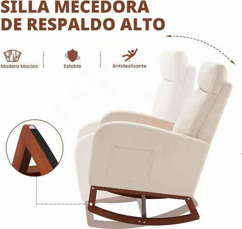 Vista 3 de Silla mecedora para guardería, balancín de respaldo alto con reposapiés, color beige Rocking Chair Nursery with Footrest Storage Pocket