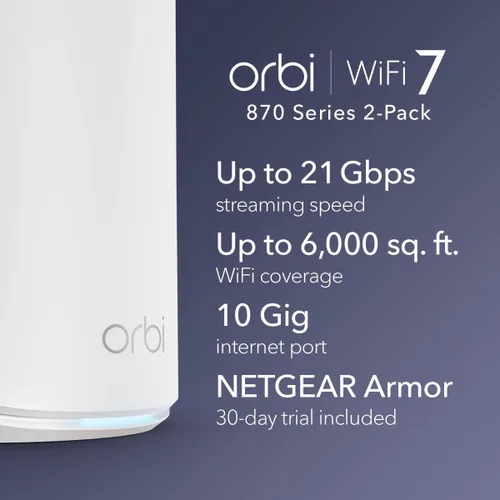 Vista 2 de NETGEAR Orbi 870 Series Tri-Band WiFi 7 Mesh System (RBE872) - Router + 1 extensor de satélite, características de seguridad, hasta 21 Gbps, cubre