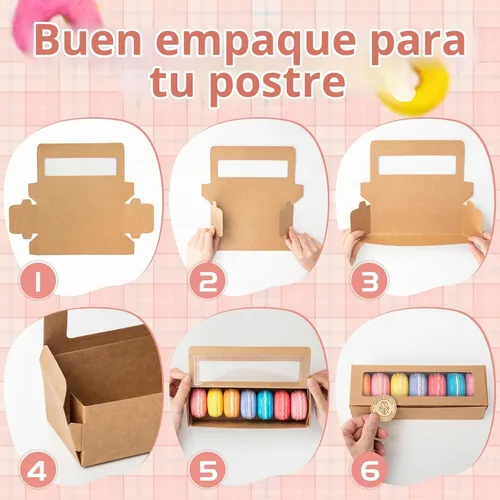 Vista 3 de Sherr 100 cajas de macarrón marrón con ventana, cajas transparentes de 7.7 x 2.6 x 2 pulgadas de largo con calcomanías para pasteles, galletas