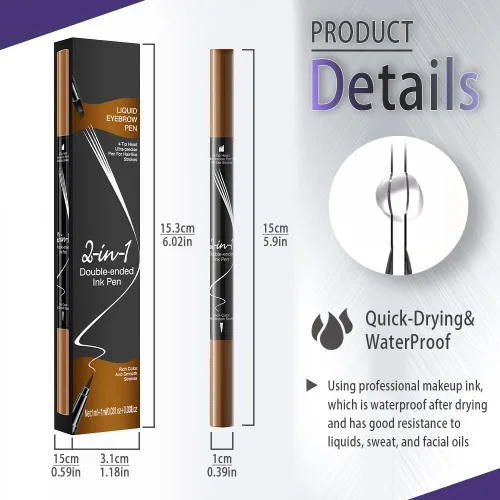 Vista 4 de Pinkiou Lápiz de cejas Microblading - Lápiz de cejas 2 en 1 de doble punta con 4 puntas de tenedor y cepillo de precisión, negro