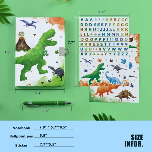 Vista 7 de WERNNSAI Diario Luminoso de Dinosaurio para Niños, Diario Secreto con Llaves de Cerradura, Cuaderno con Bolígrafo y Calcomanías, Regalo