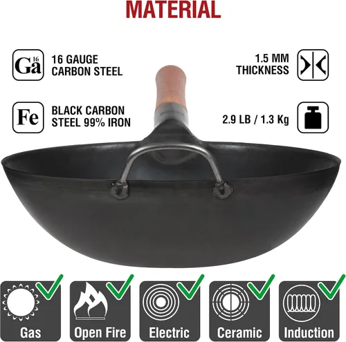Vista 5 de YOSUKATA Wok de acero al carbono – Woks y sartenes de 11,8 pulgadas – Wok chino con fondo plano Pow Wok – Wok tradicional chino japonés – Wok negro