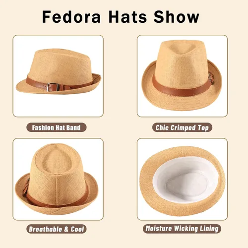 Vista 4 de Forwe Paquete de 4 sombreros de paja para hombres y mujeres, sombrero Trilby de ala corta, sombrero clásico de Panamá para el verano y la playa