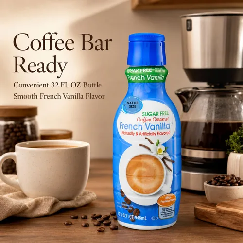 Vista 7 de Crema de café de vainilla francesa sin azúcar, botella de 32 onzas líquidas, crema líquida dulce y cremosa para café con cucharas de pala de café