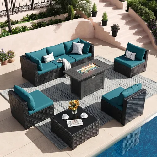 Vista 21 de Juego de muebles de patio, sofá seccional de mimbre para exteriores Beige/Negro