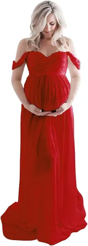 Vista 6 de Fuera del hombro de la colmena de la manga del cordón vestido de maternidad de la ducha del bebé maxi fotografía traje largo piso longitud vestido