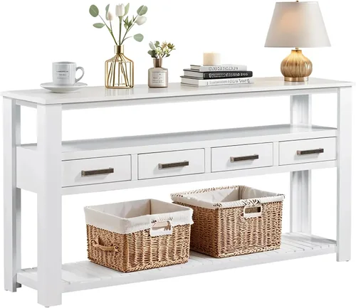Vista 11 de LKTART - Mesa consola de 63 pulgadas para entrada, mesa de sofá de madera maciza con 4 cajones Blanco antiguo