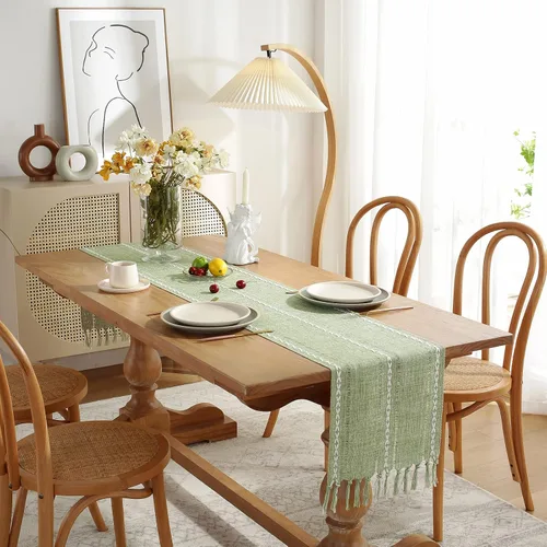 Vista 3 de Camino de mesa rústico bohemio, caminos de mesa de granja de 36 pulgadas de largo para cocina y comedor, 13 x 36 pulgadas, líneas verdes salvia