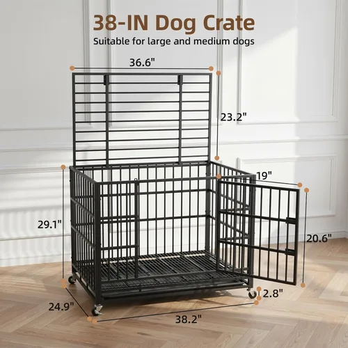 Vista 2 de VOWNER Jaula para perros indestructible de 38 pulgadas, resistente a prueba de escapes, con 4 ruedas bloqueables, jaula para perros de alta ansiedad