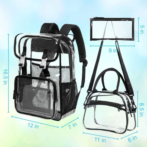 Vista 2 de Mochila transparente, aprobada por el estadio, para niñas y niños, mochila transparente de PVC resistente para mujeres y hombres