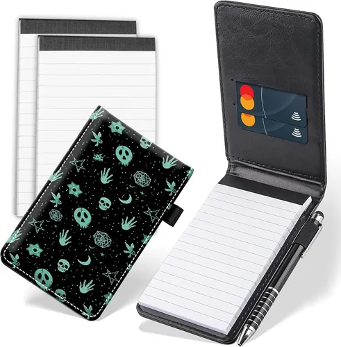 Vista 10 de Juego de 4 mini blocs de notas de bolsillo, funda de cuero sintético de mármol abstracto con 2 ranuras para tarjetas, 1 lápiz capacitivo y 2