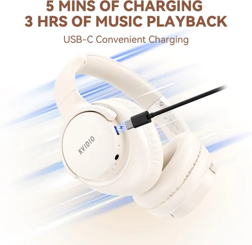 Vista 8 de KVIDIO Auriculares Bluetooth, auriculares inalámbricos con micrófono, tiempo de funcionamiento de 65 horas, auriculares sobre la oreja