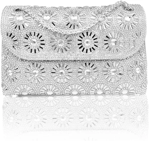 Vista 7 de Bolso de mano de cristal con diamantes de imitación de flores, bolsa de hombro brillante para boda, graduación, fiesta, novia, invitada, caja