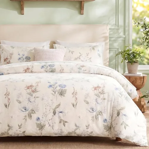 Vista 20 de Juego de edredón floral azul tamaño Queen, juego de ropa de cama botánica azul 100% algodón, edredón suave transpirable de 3 piezas y 2 fundas