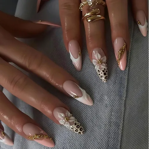 Vista 2 de Uñas largas a presión con estampado de leopardo de aguja rosa y blanco, punta francesa, uñas postizas a presión con diseño de bolas de acero