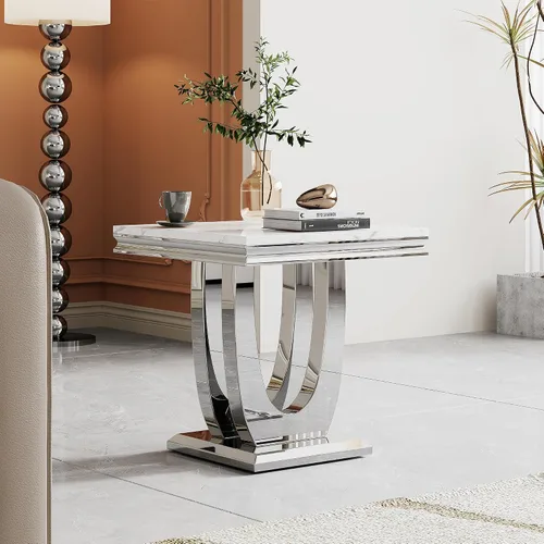 Vista 7 de Mesa auxiliar cuadrada moderna de mármol sintético plateado con parte superior de mármol sintético de 0.71 pulgadas de grosor, base de acero