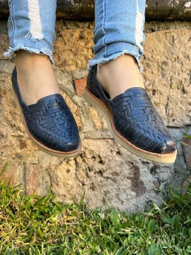 Vista 3 de Mexico en la Piel Sandalias Huarache de cuero. Zapatos planos cómodos para mujer.