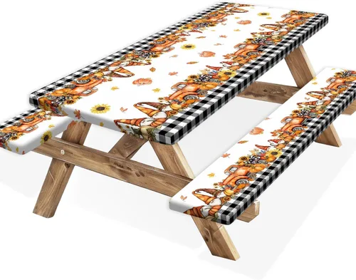Vista 50 de Funda para Mesa de Picnic con Fundas para Bancos y Bolsa, Campista de Madera Impermeable Resistente al Viento, Cubierta de Mantel Ajustada con Borde