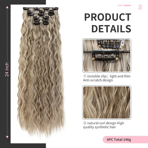 Vista 2 de Flufymooz - Extensiones de cabello con clip, 6 unidades, extensiones de cabello largas con ondas de sirena, sintético, postizo para mujer, 24 Marrón
