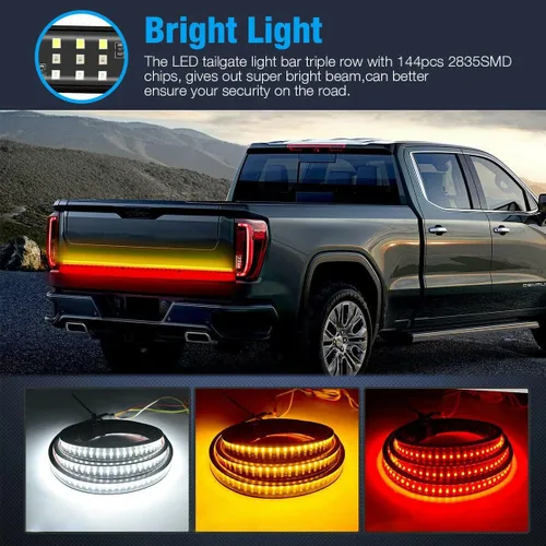 Vista 3 de Barra de luz LED de 48 pulgadas para compuerta trasera de camioneta pickup de 3 colores rojo blanco amarillo conmutable, señal de giro secuencial