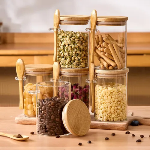 Vista 7 de Paquete de 4 recipientes de avena nocturna con tapas y cucharas de bambú - Tarros de vidrio herméticos de 22 onzas con tapa, tarros de preparación