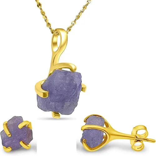 Vista 50 de Juego de joyas de piedras preciosas crudas reales con plata de ley 925 chapada en oro real, collar y aretes de piedra natal, regalo para ella por