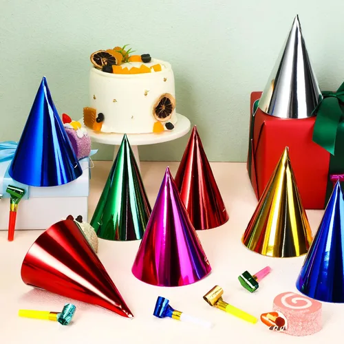 Vista 6 de Sotiff Juego de 200 sombreros y sopladores para fiesta de cumpleaños, cono colorido, sombrero metálico de papel de aluminio para niños y adultos