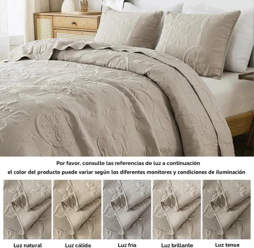 Vista 8 de B2EVER Juego de edredón de damasco beige tamaño individual con 1 funda de almohada, colcha boho ligera y suave de estilo granja vintage bohemia