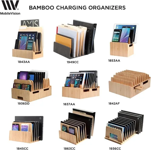 Vista 6 de MobileVision Organizador de dispositivos de bambú para teléfonos inteligentes, tabletas y portátiles, 10 ranuras