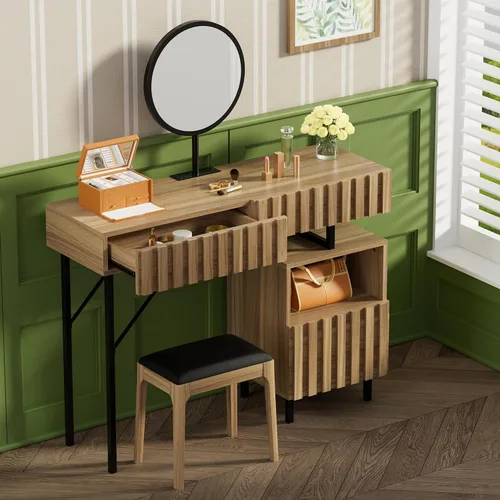 Vista 2 de Escritorio de madera con espejo, juego de tocador de maquillaje con cajón, tocador de tocador, juego de escritorio de maquillaje con espacio