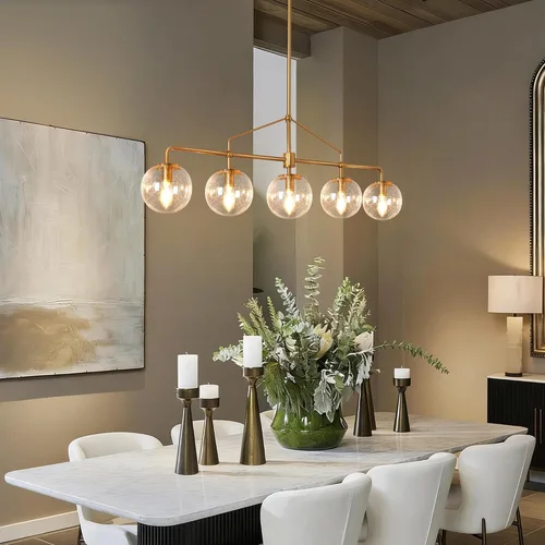 Vista 8 de Lámpara de araña lineal dorada moderna de 5 luces para comedor con globo de vidrio sembrado, lámpara colgante lineal de 39 pulgadas para casa