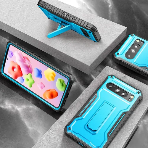 Vista 7 de ExoGuard Funda protectora para Google Pixel 8 Pro, funda protectora de goma resistente a los impactos a prueba de golpes, soporte integrado (azul)