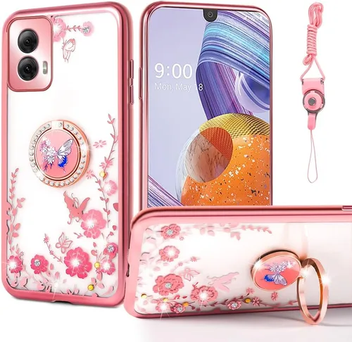 Vista 8 de nancheng Funda para Motorola Moto G Play 2024 (6.5 pulgadas) para niñas y mujeres, bonita funda de teléfono de TPU suave con purpurina y anillo