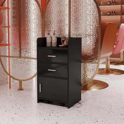 Vista 3 de SSLine Estación de salón moderna, soporte de piso negro, gabinete de madera para estilista, peluquería, peluquería, mesa de almacenamiento clásica