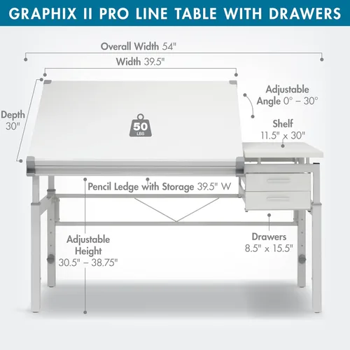 Vista 2 de Studio Designs Graphix II Pro Line - Mesa de dibujo ajustable en altura ajustable, con parte superior inclinable de 39.5 x 30 pulgadas, color blanco