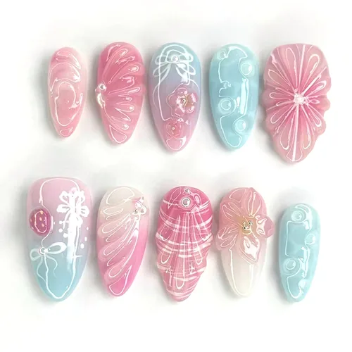 Vista 37 de 24 piezas de uñas postizas de punta francesa a presión, uñas postizas medianas en forma de almendra con diseño de ondas azul oscuro, uñas postizas
