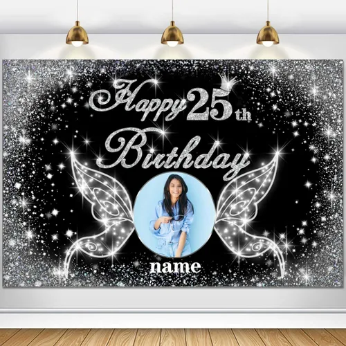 Vista 74 de Cartel personalizado de decoración de fiesta de cumpleaños número 100 - tema de alas de ángel - negro y plateado HY-NLK-100º