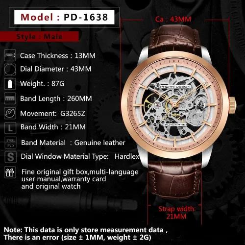 Vista 5 de RollsTimi Pagani Design 2023 Men's Automatic Skeleton Watch, self-Winding, Stainless Steel, Leather Strap, Pointer Series, Water Resistant to 100