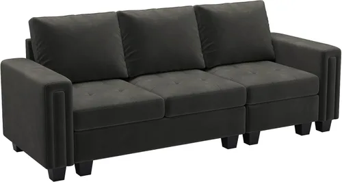 Vista 8 de Belffin Sofá modular de terciopelo de 3 plazas para sala de estar, color gris