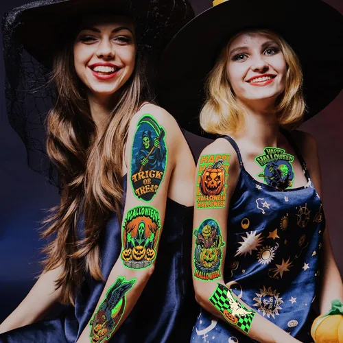 Vista 2 de winthrop 100 tatuajes temporales luminosos de Halloween para niños, envueltos individualmente que brillan en la oscuridad, tatuajes impermeables