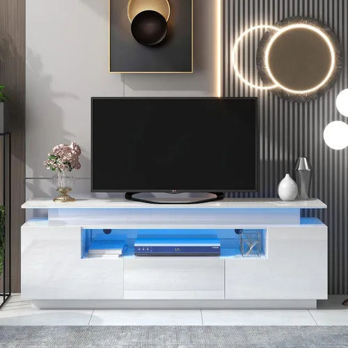 Vista 25 de Soporte de TV versátil de alto brillo con luces LED que cambian de color y 2 estantes de vidrio templado, centro de entretenimiento para televisores