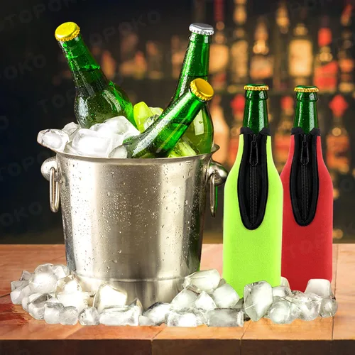Vista 6 de Funda aislante para botellas de cerveza de diferentes colores. Chaquetas para botellas con cremallera. Mantiene la cerveza fría y las manos