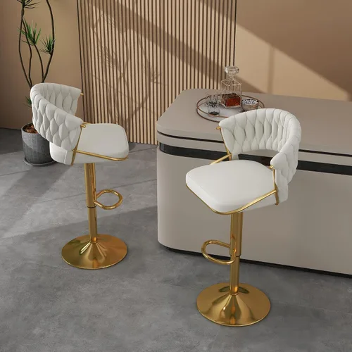 Vista 23 de Juego de 2 taburetes de bar giratorios de 360° con respaldo alto, silla de bar de terciopelo ajustable moderna de altura de mostrador, taburete